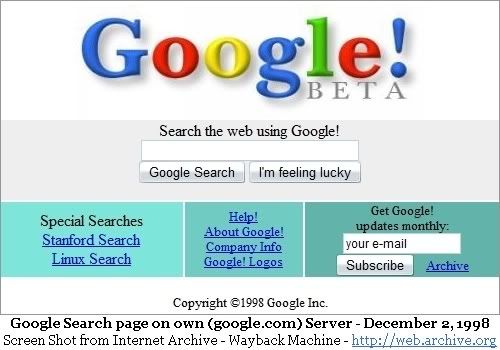 google 1998 homepage. Google early web page on their
