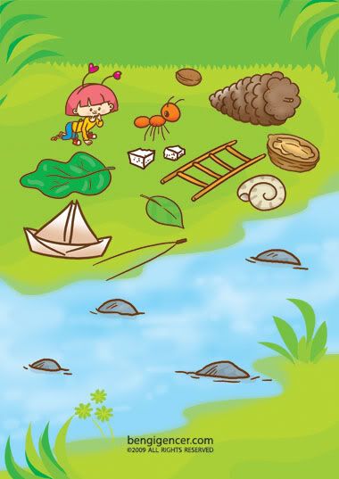 ant,bengi gencer,illustrator,bridge,children play,children game,if you were an ant,cute ant,forest,water