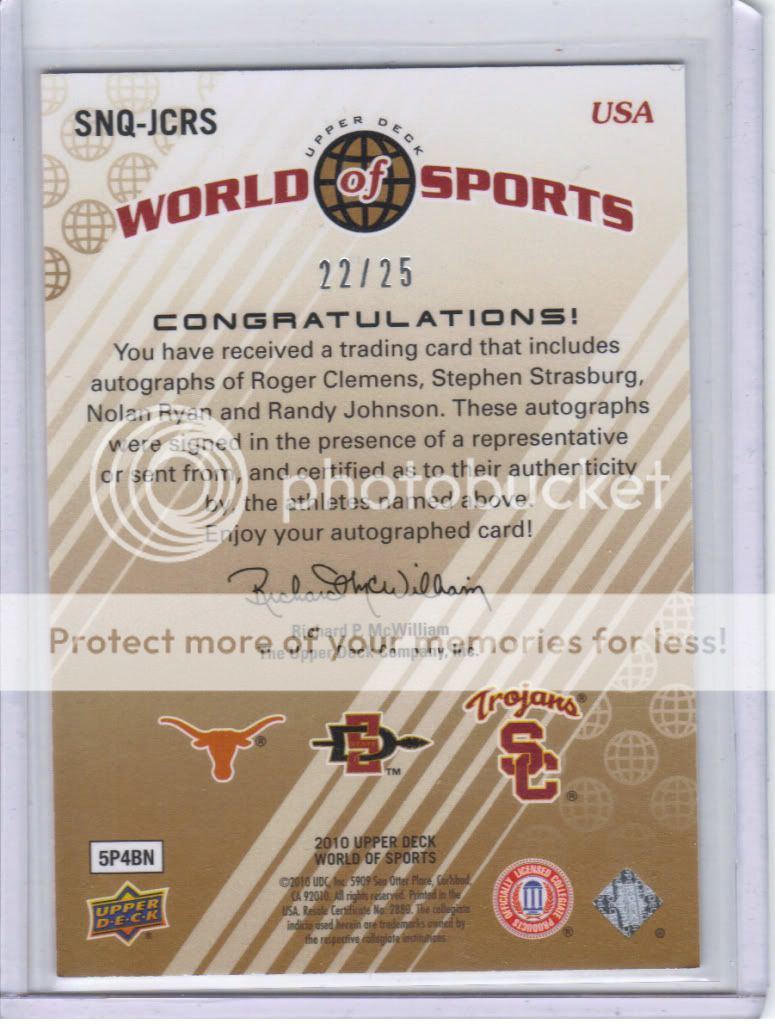 2010 UD World of Sports Quad Auto Clemens Strasburg Nolan Ryan Johnson 