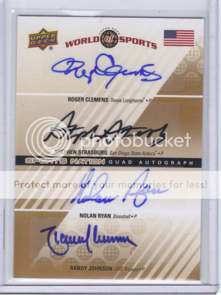 2010 UD World of Sports Quad Auto Clemens Strasburg Nolan Ryan Johnson 